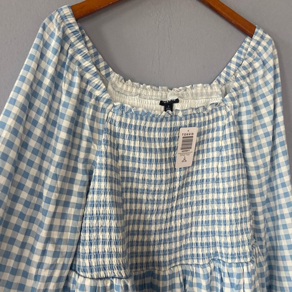 Torrid Rayon Slub Smocked Bodice Long Sleeve Crop Top Blue Gingham Size 3X - Picture 5 of 9